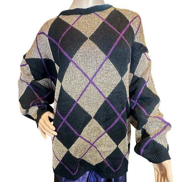 VTG 90s Metallic Argyle Crewneck Sweater Women’s Plus 24W Festive Holiday Party - Picture 1 of 13
